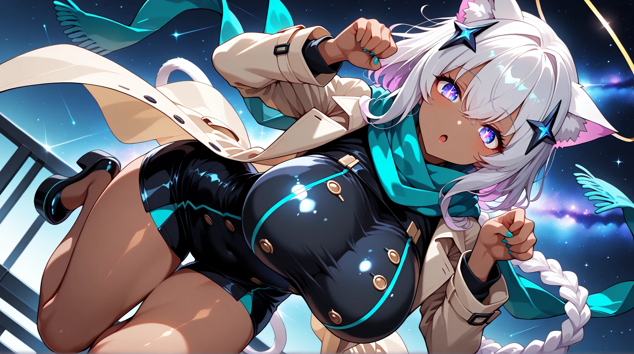 Long Hair, Twintail, Light Blue Hair, Yellow Eyes, Cat Ears, Cat Tail, Big Boobs, Wearing Hoodie, Nighttime, Holding A Helmet, Wearing Black Gloves