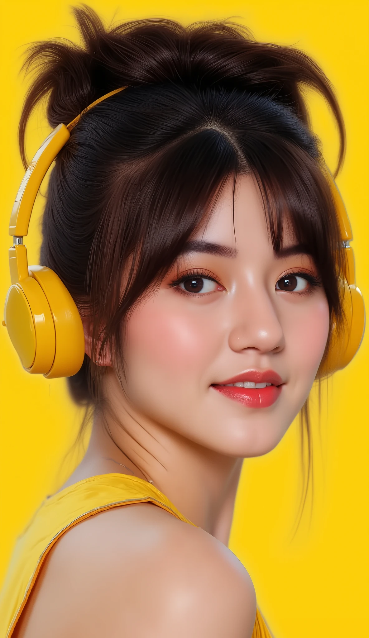 8k, masterpiece, highest quality, Korea's Beautiful Women, Close-up, vibrant black hair, messy bun hairstyle, golden yellow headphones, yellow background, yellow vest, visible tattoos, subtle makeup, soft lighting, portrait, digital art style, hyper-realistic, high detail, vivid colors,