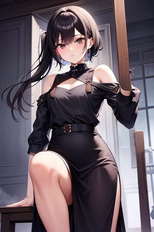 score_9, score_8_up, score_7_up, score_6_up, score_5_up, score_4_up, source_anime, 1girl, worth, The stone wall, black hair, twintails, blue eyes, w-w-chain, shackles, raise arms, clean hair, sweaty shirt, leather skirt, brown thigh high boots, heels, rain, window, dungeon, best quality, best res, 4K UHD,