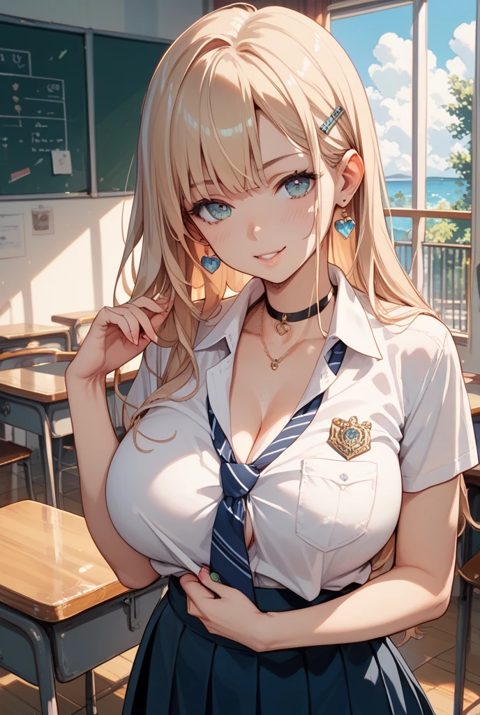 masterpiece ,best quality,ultra-detailed,high resolution,beautiful face,smile,beautiful detailed eyes,faint lips,long hair, cleavage, navel, slim legs, blonde hair, skirt, Kitagawa marin, school uniform, class,detailed background,cutout between underboob,