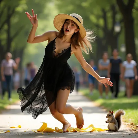 La ragazza che calpesta la buccia di banana