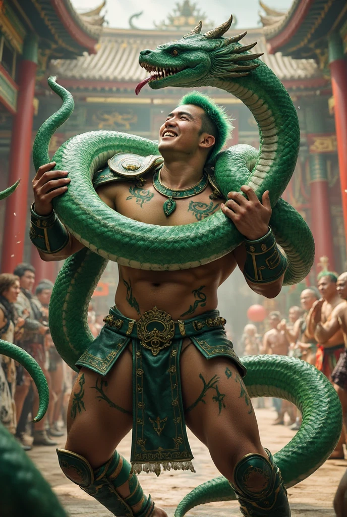 A muscular Korean man is in wonderland, 20 years old, His body is very muscular ((half golden snake body)), ((golden snake tail shaped lower body)) has no legs.. He has short black hair with shaved temples and big, expressive green eyes.