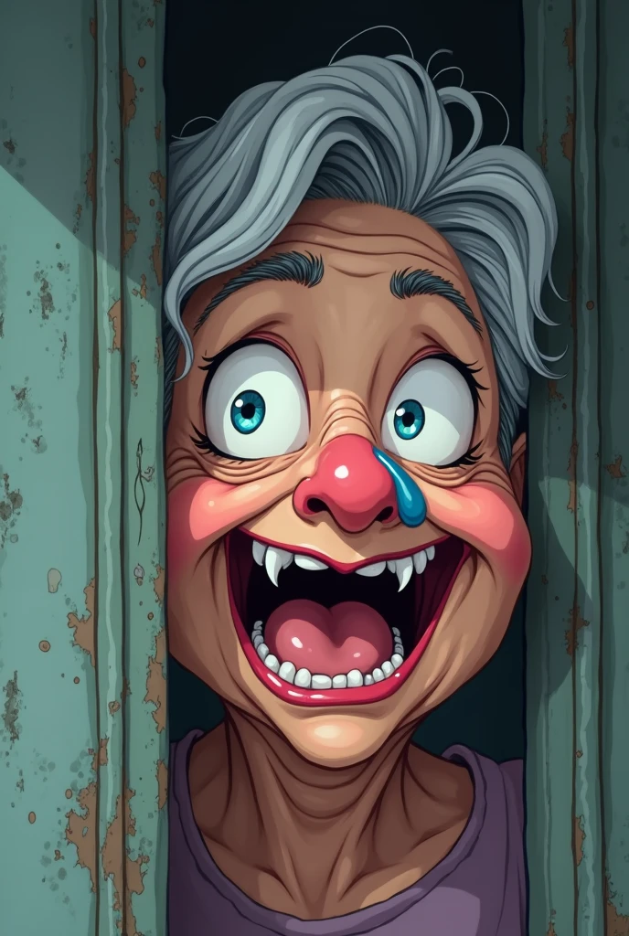 a young man trying to escape from an evil creepy granny with a wooden ugly face, her eyes is light red