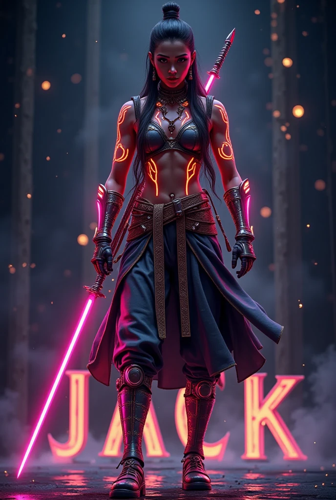 Mia Khalifa, sith, dressed in black, holding a red lightsaber in right hand, view of whole body