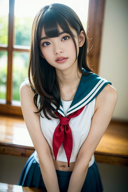 (masterpiece, highest quality:1.2), 8K, young beautiful girl, 85mm,Official AR RAW photo, baby face、clothed but exposing under skirt big breasts、photo shoot, cute face, thighs, After school classroom, various sexy poses, looking at the viewer, horny, embarrassing、smile、no makeup, film grain, chromatic aberration, sharp focus, face light, clear lighting, Ten generations, detailed face, background bokeh、((((((21 year old girl))))))、thin waist、black/red sailor suit、partially wearing a skirt、pubic hair、vagina/pussy