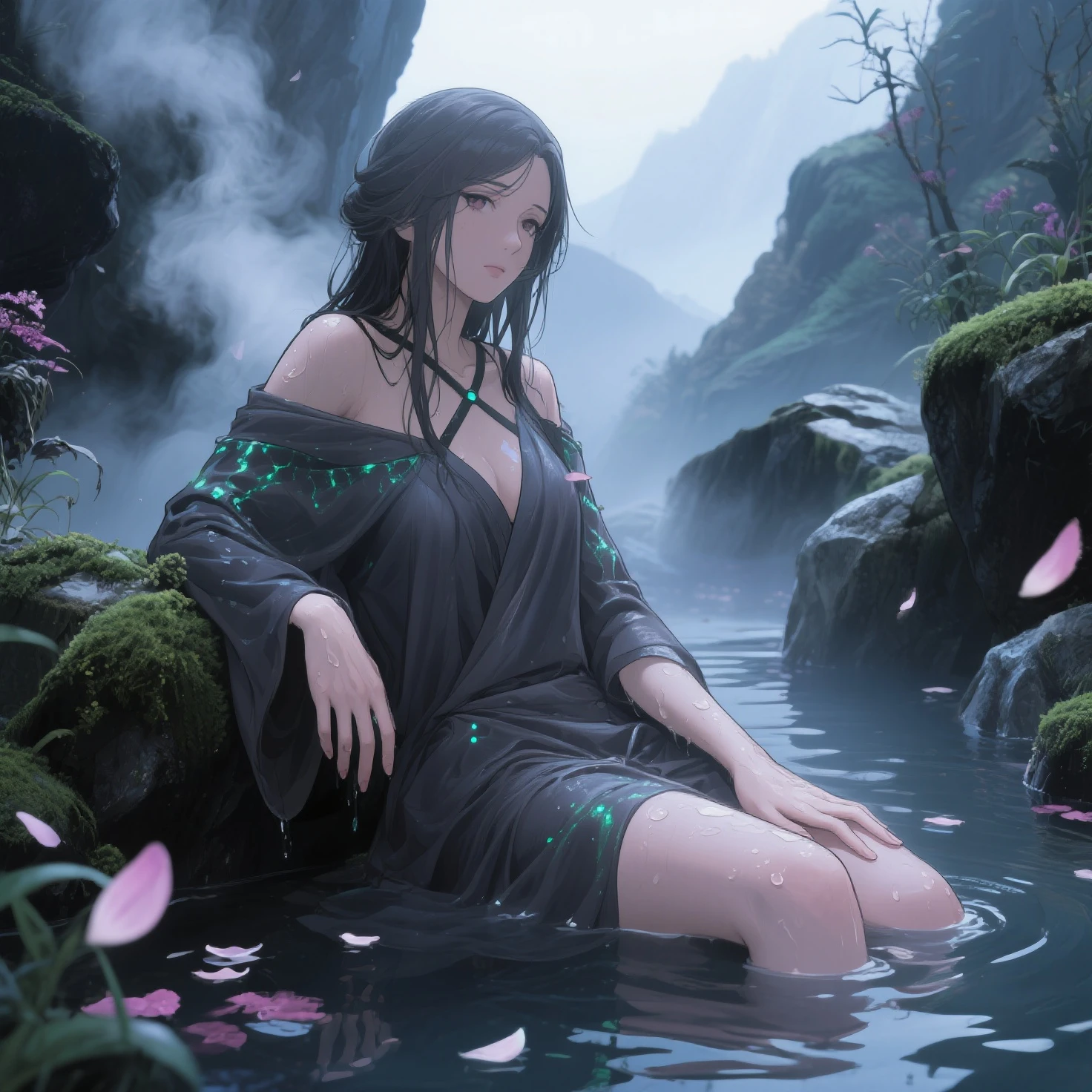 Stone corridor outside the cliff,Vista of an artificial lake,Heavy rainy days,heavy rain,Black long hair,gigantic cleavage breasts,sit on chair,Full body like,Slingshot swimsuit,No shoes,Corridor edge,Gaze at the view outside