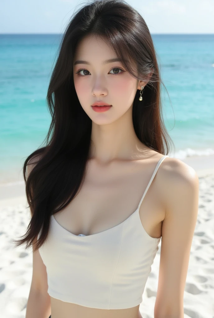 A perfect young female white-collar worker,Chinese,High picture quality,Works of masters,Black hair,Long hair flowing over the shoulders,Beach wave hairstyle,cropped shoulders,clavicle,exquisite face,Hydrated red lips,Real Human,CG rendering,16k,Stand up,Do not show your hands,Close-up shot