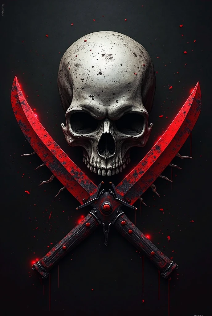 Make me a logo with a single skull with its mouth open with blood stains on the sides of the skull with 2 swords crossing each other making a V, the swords that are black color. Behind a red V dripping blood, With a black background, if you can, the skull has some breaks