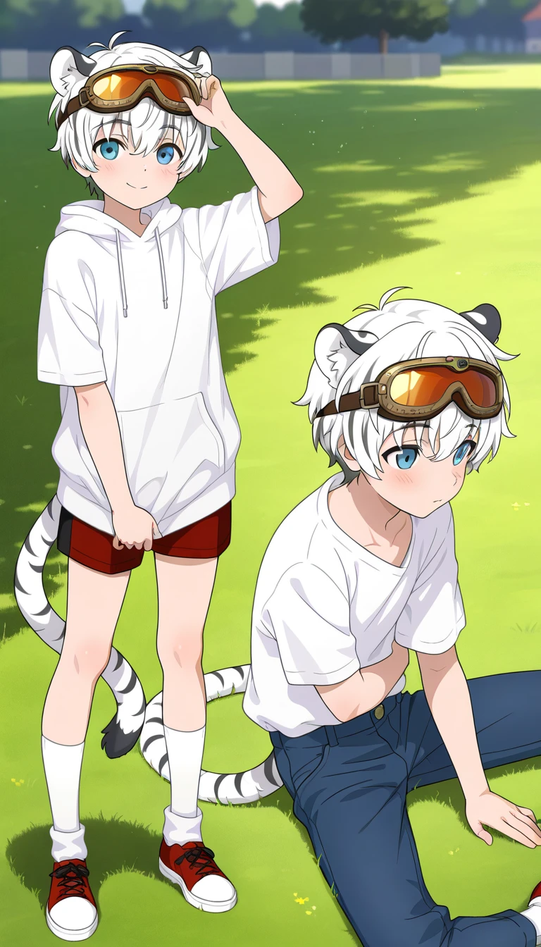 kemoshota, naked harness, 2 boys, full body harness, chest harness, snow, dynamic angle, albino white tiger boy and albino cream white lion boy, albino tiger body features, albino lion body features, heavy breath, naivety, innocent, collar, sweat, sweat drops, short statue, short height cub boys, baby boys,  8 years old body features, asking out, huddle, Shota , mascot boys, harness training, boys love