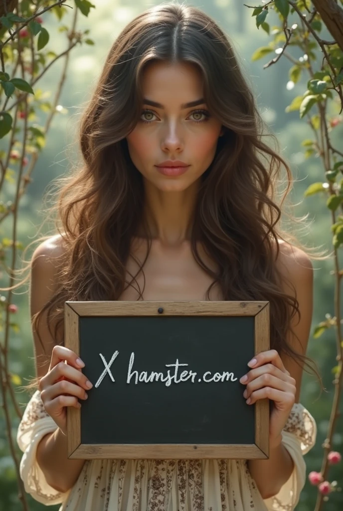 ALL BODY brunette girl with curly hair and big breasts sits with her legs stretched out, taking a realistic photo,SHE TAKE A BAG WITH TEXT "I Love LESTOR COLLECTION" and showing it to the viewer