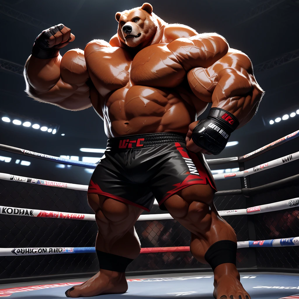 solo, 1boy, Huge Muscular Old Grizzly Bear wearing kickboxing MMA belt , thick pectoral, thick arms, huge pectoral, wide pectoral, hige brown fur, short white hair, Kickboxing MMA shorts, kickboxing MMA gloves, Kickboxing MMA Footwear 5 toes and shirtless, bearded, Kickboxing Martial Arts Cage Tournament background, masterpiece, semirealistic:1.2, high detailed, 8k, high resolution, uppercut punch