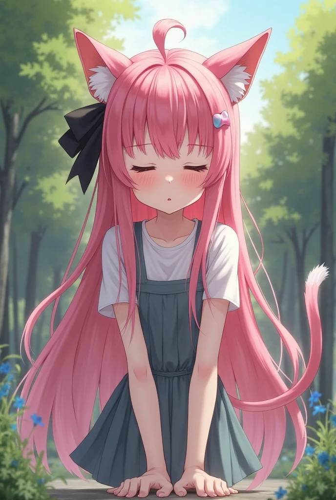 furchan, animal ears, medium hair, pink hair, body fur, tail, white shirt, blue skirt, bow, mary janes, sitting, smile, forest,  <lora:fur_chan v2.5-000002:1>