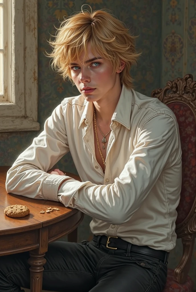Best image quality, 4k, masterpiece, teenage male, white and tender skin, blonde floppy short hair, blue eyes, green and slightly mature, cute and soft, young, godly eyes, exquisite hair, look at the lens, face focus, smile, delicate facial features, front lighting, front light source, portraiture, face magnification, face close-up, above the shoulder, cute feeling, excellent posture to capture the sight, portrait painting effect, blue sky and white clouds, roses