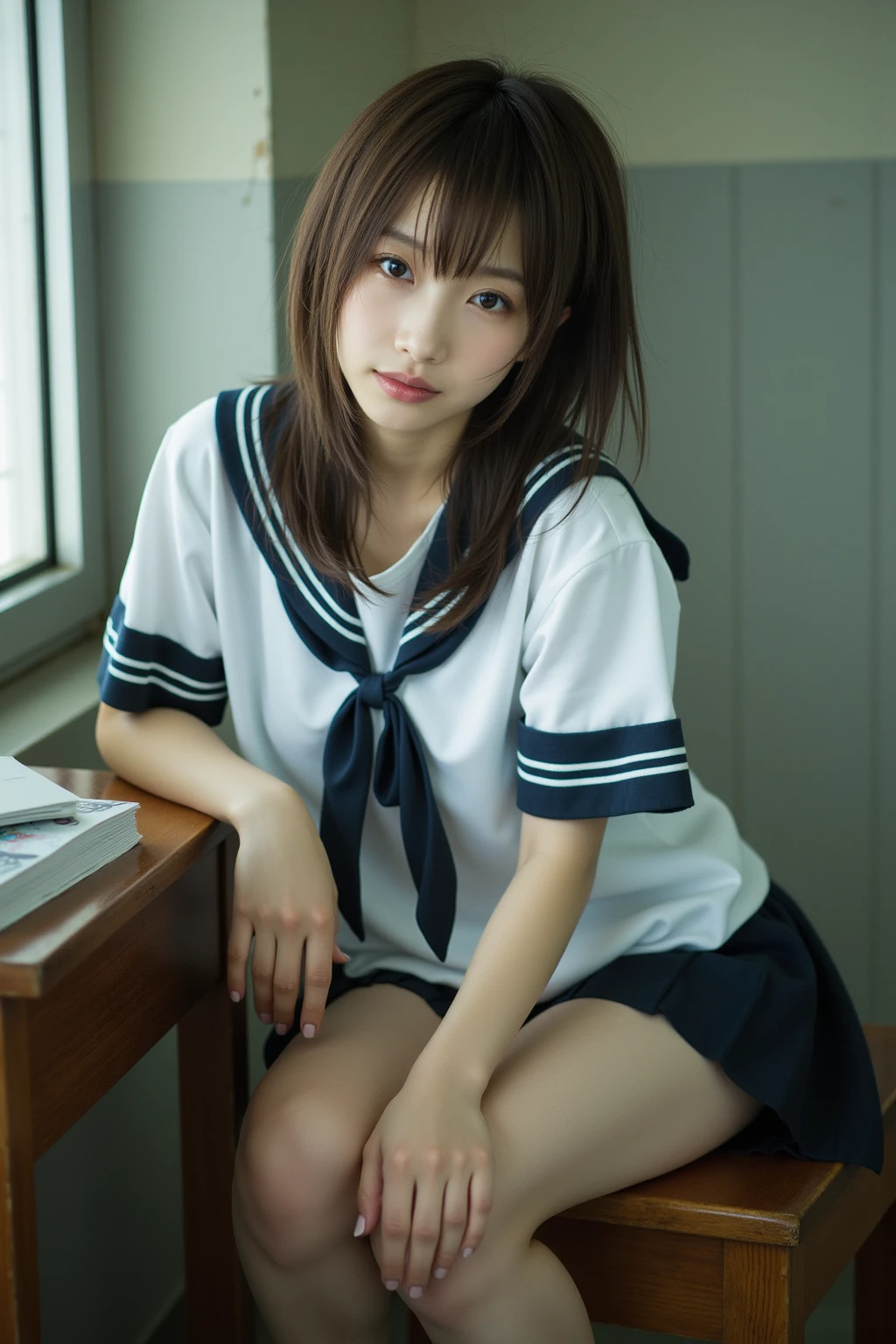 校服、knee high socks、Brown hair、Shorthair、Cute uniform、kawaii faces、Classroom、Tight uniform、Panchira、Erotic underwear、Spread your legs apart、PINK Underwear、Spread your legs boldly、Tight uniform、Mature look