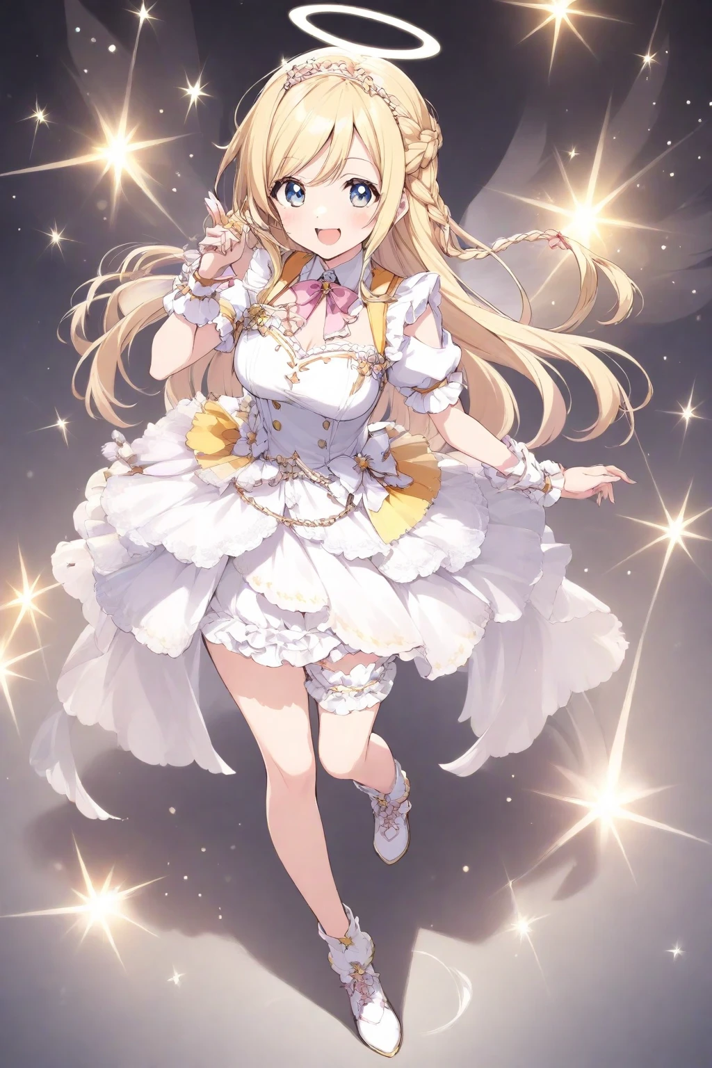 a cartoon image of a feminine figure with her legs spread is standing on a white bed, 1girl, solo, dress, blonde hair, > ,Ichigo Hoshimiya (Aikatsu!)