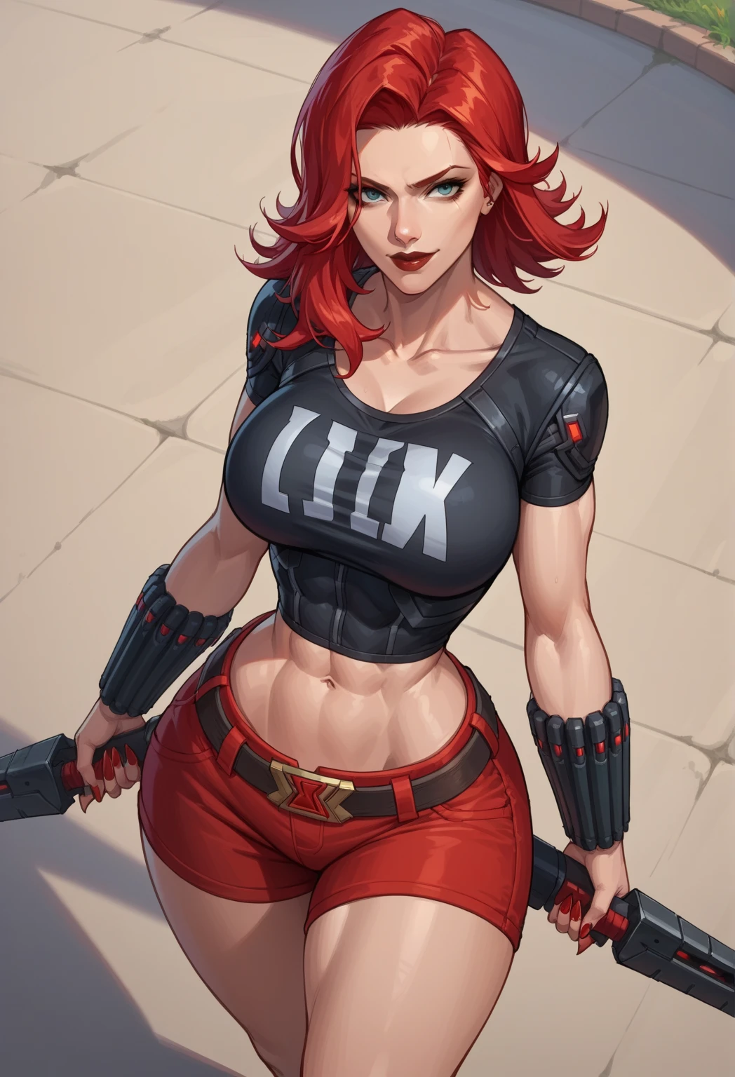 girl, hot, portrait, medium breasts, slim, long red hair, kim possible, hot, soft or colored lips, black t-shirt, gloves, card pants, simple background, plain colors, perfect hands, perfect anatomy
