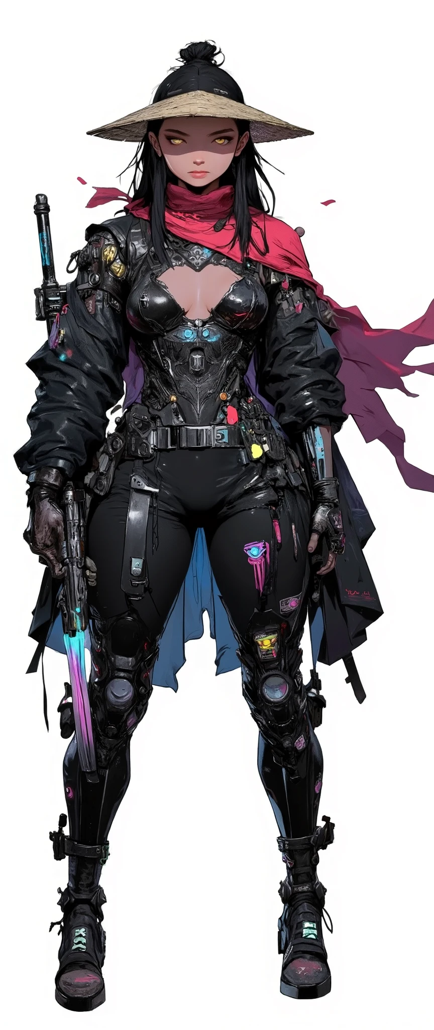 masterpiece, latest, very aesthetic, A very beautiful 30 year old adult woman, strong and curvy body, long muscular legs, sharp oriental features, light tan skin, intense golden eyes, medium-length jet-black hair tied into a traditional topknot with two long side strands framing her face. She wears a dark cyberpunk samurai outfit made of layered leather and carbon-fiber armor plating, [[black and dark red]] color scheme.

She wears a traditional triangular straw hat (jingasa) casting a shadow over her eyes, adding mystery. Her chest armor resembles ancient samurai plating, but with neon blue light lines across the edges. A tattered red scarf blows in the wind behind her. On her side, a high-tech katana with a glowing blade, holstered with magnetic locks. She has belts with small throwing blades and futuristic accessories on her hips and legs.

Combat boots with reinforced toes, armored shin guards. She has small cybernetic implants under her skin glowing faintly, visible on her hands and neck. Serious and intimidating expression.

anime features similar to the anime 'Vampire Hunter D Bloodlust', rossdraws 2.0, adult anime style, 90s anime aesthetic, 3 color tones, flat cel-shading, anatomically correct, high contrast, front view [[[SHE IS IN THE FRONT]]], [[FULL BODY]], [[Image showing her entire body from head to toe]], masterpiece illustration, high resolution, front and side view in the same image, [[white background]], character concept presentation, anime style similar to Blade&Soul 