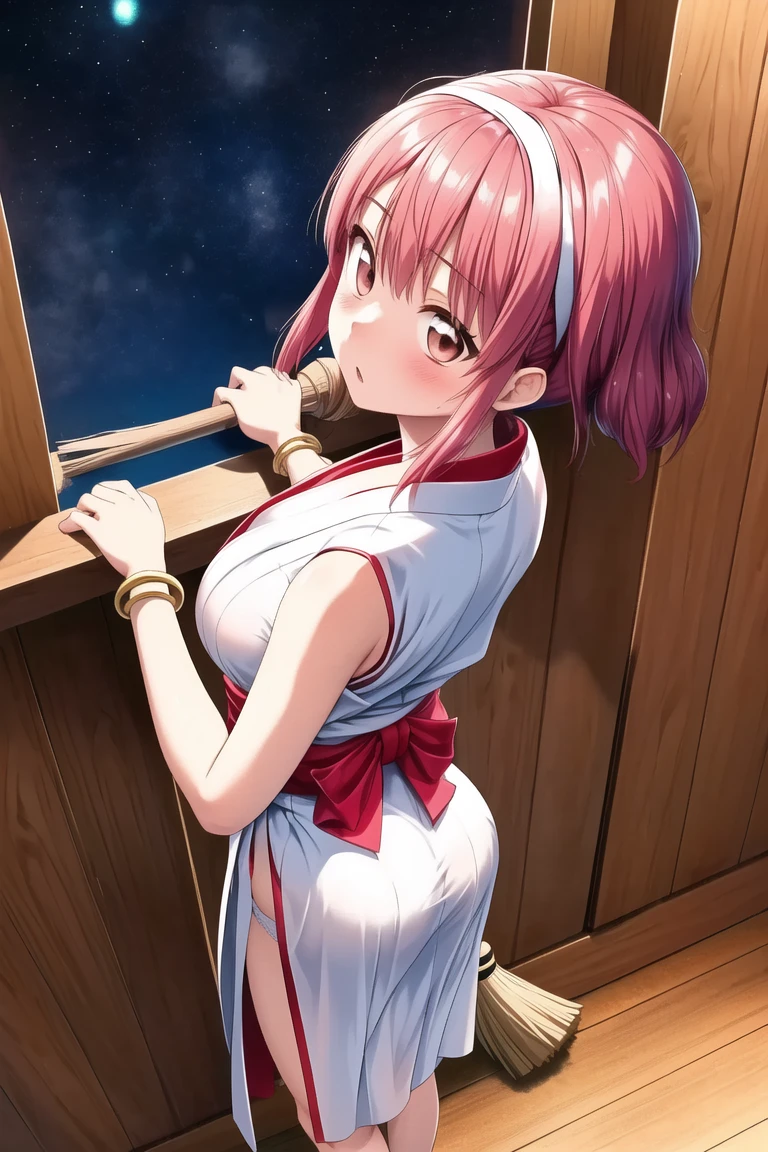 masterpiece, best quality, beautiful art, high resolution, well formed hands, body and fingers, 1 woman, solo, Miho Tsujinaka, hair ornament,  adult, grown up, large and round breasted, cleavage,  full body, braided long hair, blue_japanese_clothes, wearing DOA Kasumi's blue kunoichi dress, sexy and skimpy japanese clothes, kimono peek, sleeveless, white stockings, gorgeous legs and thighs, dancing seductively and erotically, turning backwards and forwards, showing her back and front, showing her butt, t-back,, white thong, smiling joyfully, looking at the viewer, flirting, beach environment 