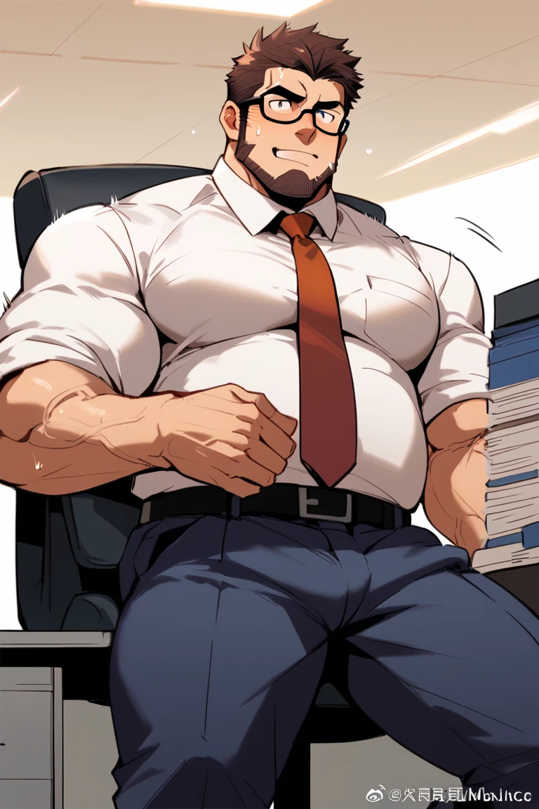 4k, masterpiece, high resolution:1.2, 1 man, solo, bara, muscular, big physique, bad boy sriper , crew cut hair, facial hair, chest, wide shoulder, biceps, thighs, triceps, butt, black hair, cute smile, friendly, standing in an office, wearing formal trousers, wearing formal stripes pattern office shirt, wearing glasses, upstairs office in the background, ultra detailed, shredded muscle, flat style (((wearing harness))) (((view from the side, thick huge ass)))