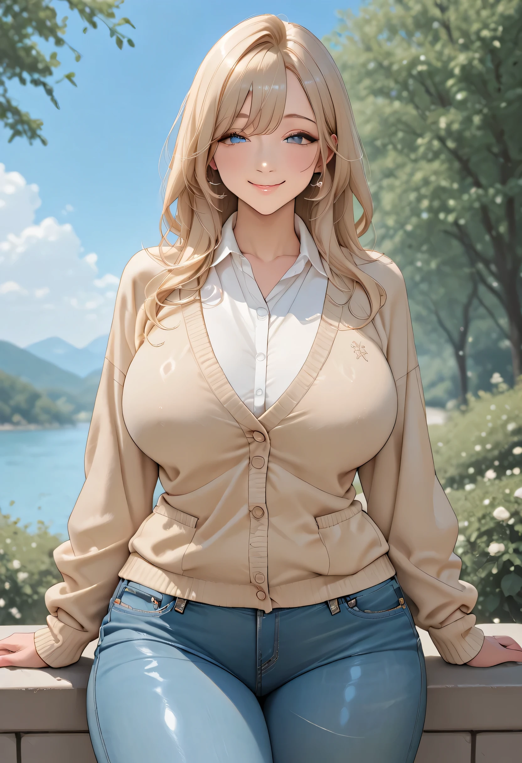 solo、cowboy shot、mature woman、Full Cheek、very cute face、Tilt your head、Blue Eyes、Beautiful girl with a smile like a goddess 、curvy beauty、 Long Sleeve、collared shirt、sweater cardigan 、jeans for 1 person、Outdoors、 downtown、Greatest Masterpiece、Intricate Details、Extremely Absurd