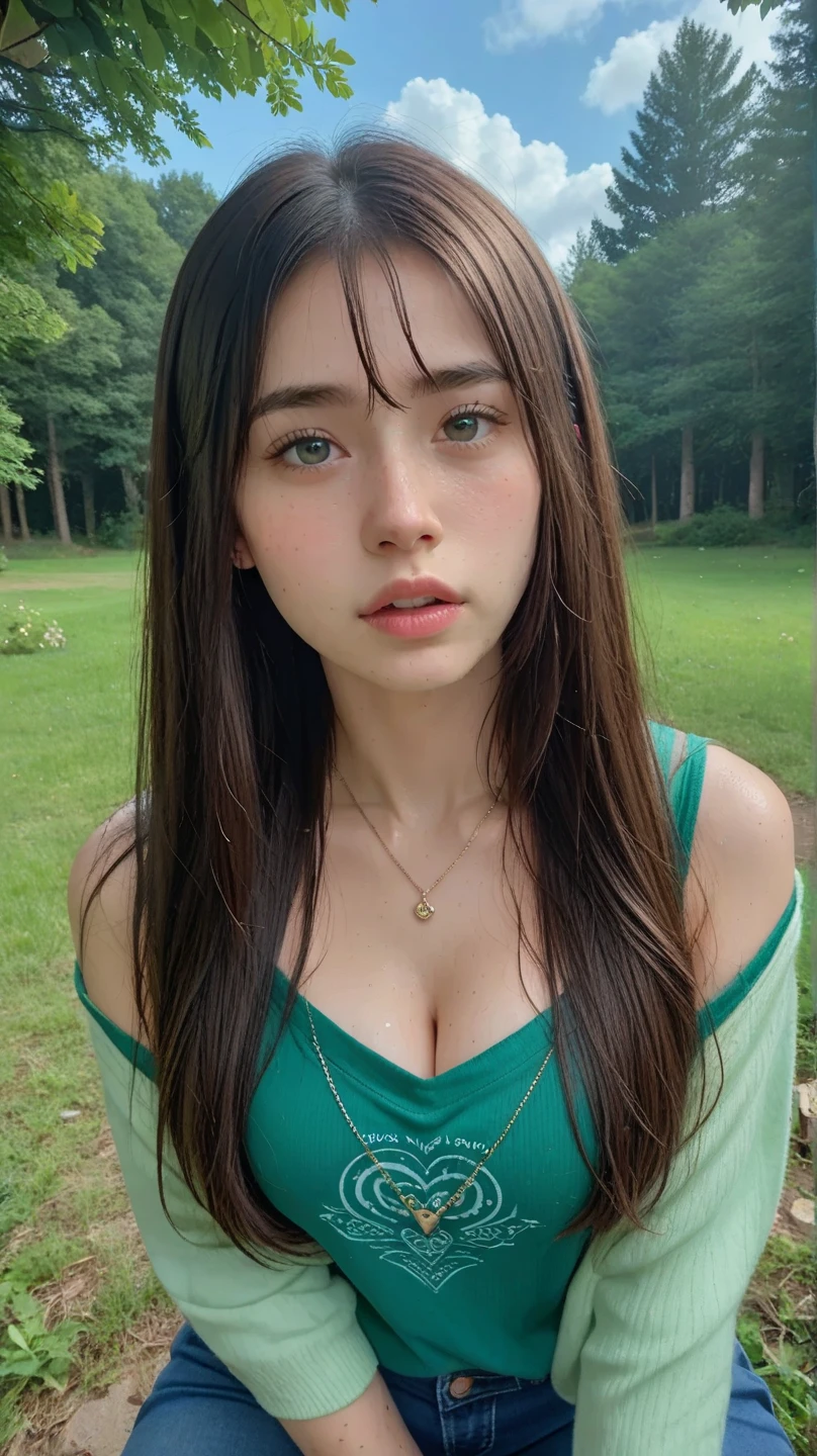 (Realstic, high resolucion:1.3), 1 fille avec un corps parfait, Visage et yeux super fins,cheveux longs, Random color tank top:1.2, White silk tank top, Courts en jupe en soie blanc, gros boob,Exposing the neckline, (Long Straight Hair), big breasts:1.5, Blue Eyes, sexy body, (Red Hair), 15 years old, Big Eyes, soft faces, trees, rocks, lakes, sky