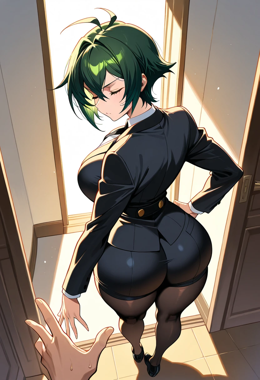 Sexy anime girl bends over and shows her panties, Kurze schwarze Haare, Green eyes, big ass, fishnet, 8k