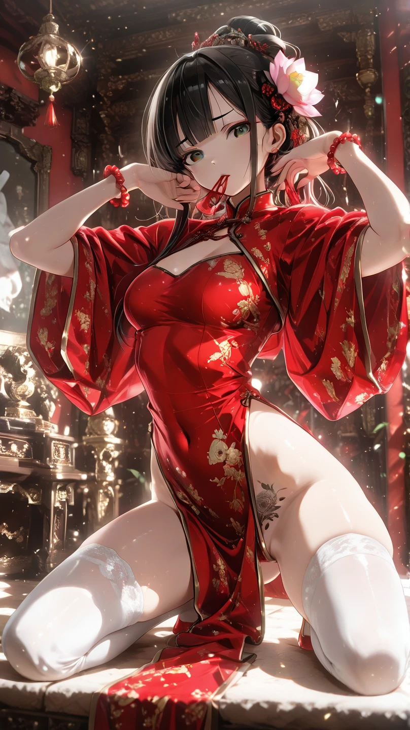 Anime Kawaii sexy Perfect Slim sensual body large breast and huge thighs, An intricate and highly detailed illustration of anime (Young girl) samurai girl, short black hair tied back, wearing a red Japanese kimono and black hakama, two Japanese swords crossed at the waist, ((work of art, highest quallity, A highest quallity de imagem, high resolution, anime sensual, CRU photo, 8k)), ((Extremely detailed 8k unified CG wallpaper)), (huge stunning photo of goddess, Very hot and sexy, jaw dropping beauty, perfect proportions, Body cute, Slim Body Beauty:1.4),