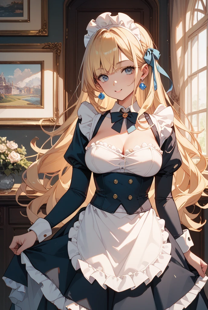 ((32k)), ((best quality)), ((ultra high res)), ((HDR)), ((UHD)), ((extremely detailed CG)), ((unity 32k wallpaper)), anime style, (16 years old), (ideal ratio body proportions), very long hair, blush, heart shaped eyes, heart shaped pupils, bangs, thighhighs, bow, jewelry, medium breasts, cleavage, curvy, maid uniform, mini skirt, (golden hair), (blue eyes), short sleeves, earrings, frills, white thighhighs, bowtie, cup, puffy short sleeves, wrist cuffs, thigh strap, detached collar, side-tie bikini bottom, thigh gap, table, single thighhigh, (bedroom), (upper body), from front, 