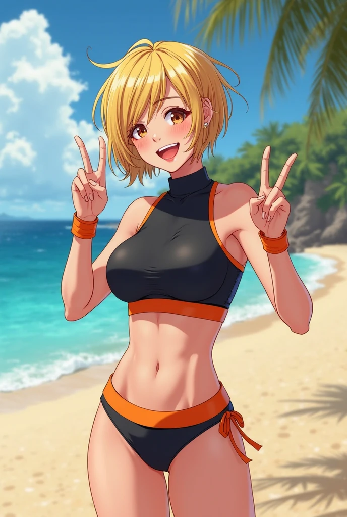masterpiece, best quality, saeko tanaka, looking at viewer, yellow hair, yellow eyes color, very large breasts, upper body, portrait, seductive smile,both hands raised, armpits, armpits visible, sweaty armpits, wearing sexy bikini, backround on beach