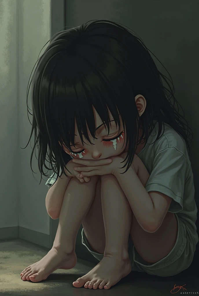 Tiny size small cute sensitive innocent shy blushed anime girl fear crying curl up in a ball and leaning towards the wall. She is hugging her knees and hiding her face