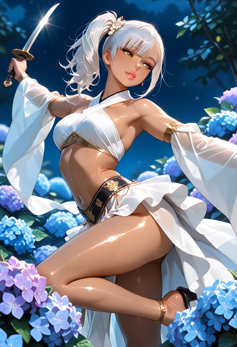 ((From before、True Face、Shot from a little below、Light up from below))、Beautiful and cute gal、(((Shortcuts、The background is a waterfall and an abandoned building covered in moss.、Angel Halo、The areola is showing through)))、highest quality、ウルトラ - High resolution、High resolution、Highly detailed CG、8k unit wallpaper、27 years old、(((A detailed and beautiful face、Detailed and beautiful eyes,Very large breasts、Platinum Blonde Hair、contrast)))、((((((( Brown Skin:2、Dark Skin:2 , Cleavage ,Moist eyes)))))))、(Black glossy body:1.8),((Sunburn mark))、((((((loose socks、Sweat、White cloth and white loincloth、Thin cloth、Fluttering in the wind、High heels、Knees wide open to the outside、touch hair、Long sword))))))