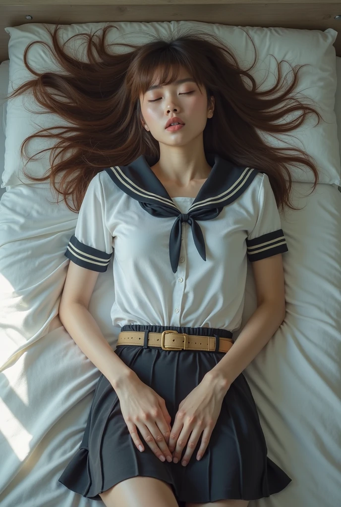 (great masterpiece、high-level image quality、hightquality)、(japanese beauty girl、Idol actress、Shameful Maiden)、(((Japanese girls' high school uniform)))、(pure white stylish panties)、(perfect anatomia、perfect and thin limbs、Perfect physiology,physiology)、(Healthy body、Beautiful skin、Colossal breasts:1.6、Waist pulled up、Big hips、Beautiful and cute crotch)、Sleeping on your back、Erotic and sexy、Being in love、Own room、afternoon sunlight、Uluru's Eyes、Nice-smelling black hair、professional photograpy