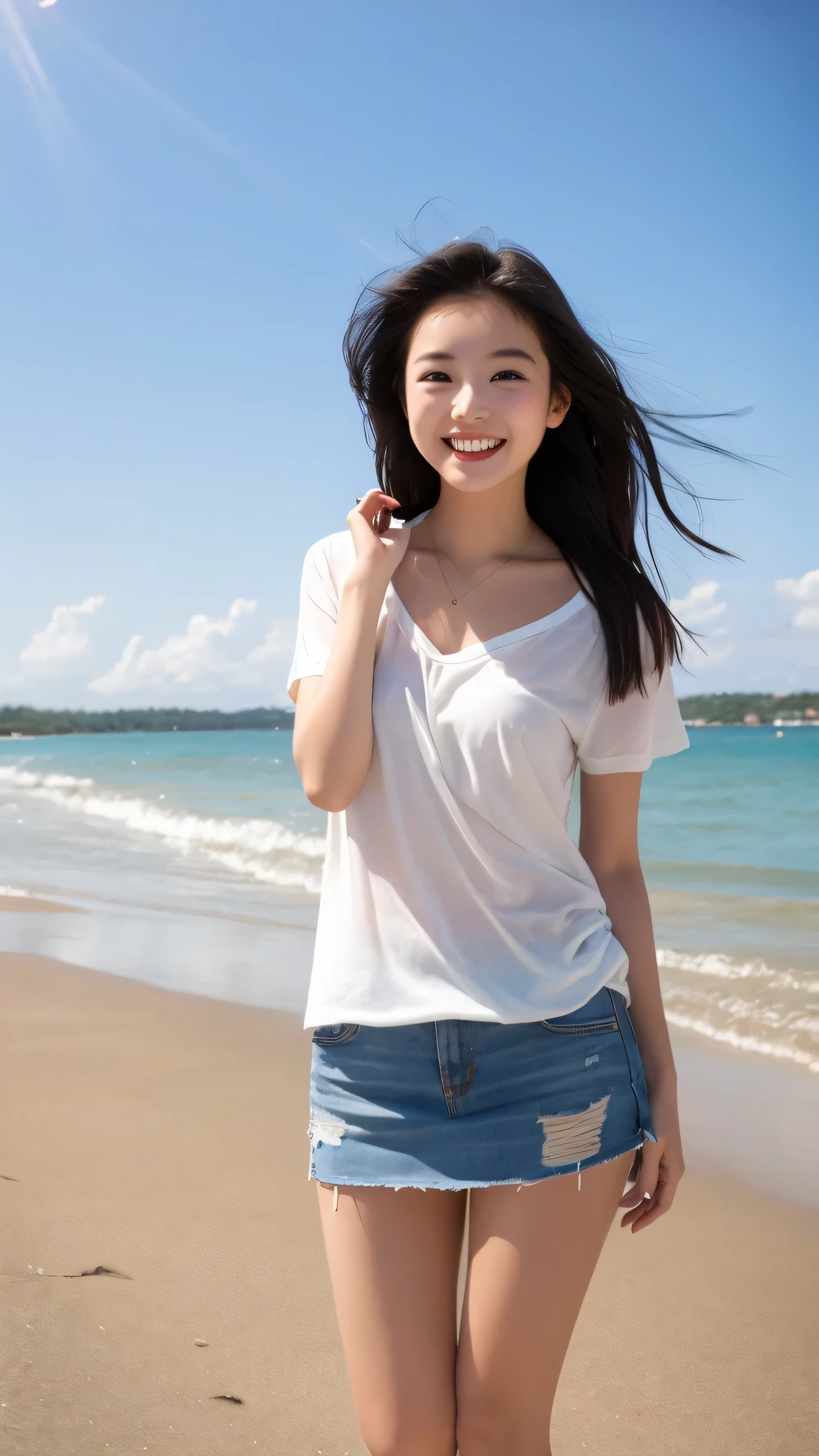 Tabletop、(Highest quality、4K、8K、High resolution、Masterpiece: 1.2)、Super detailed、(Real、Photorealistic、Photorealistic: 1.37)、Full Body Shot、Complex and beautiful eyes、woman、long hair、Natural color lip、whiteTshirt、Bold and sexy pose、smile、Ocean、20 year old girl、A cute and sexy shot looking straight at the camera。