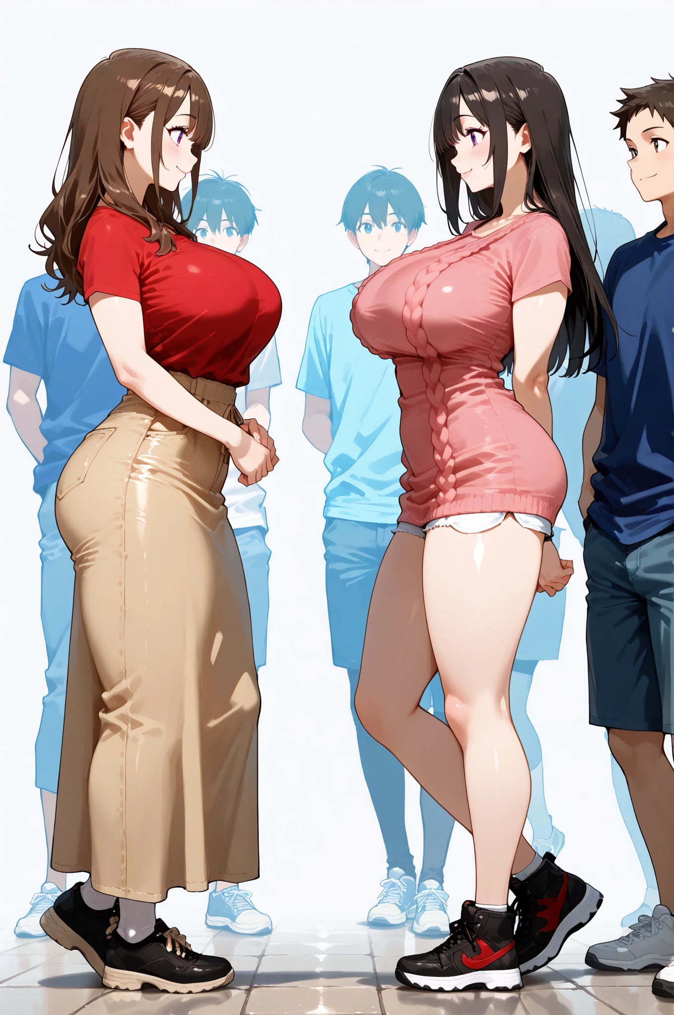 sexy woman, mature, milf, huge breasts, large breasts, curvy, voluptuous, completely nude, nude, pussy, nipples, black hair, brown eyes, short cut, hairbun, slick back hair, glasses, grinning, standing, office, indoors, crowd of people, art by oda non