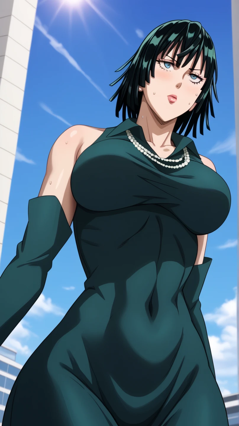 rating_explicit, fubuki from one punch man, yellow eyes, black dress, cleavage, necklaces, deepgrab, deep skin
