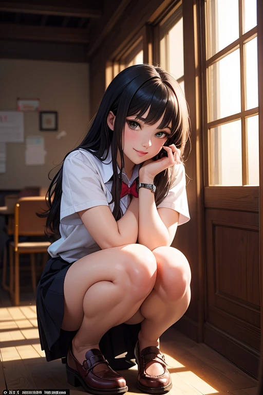 NSFW、girl、high school girl、Wearing 、Hanging by a rope、Ecstasy Face、Mouth open、Pleated skirt、M-shaped legs、Sitting on a wooden chair、underwear is on the floor、Carefully drawn underwear、Red underwear、White fluid leaking from the vagina、