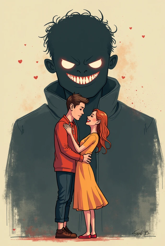 A brunette girl with a chubby build, Long black hair, black eyes, She hugs a boy. The boy has black hair, His eyes are brown and the boy's skin is white., The boy is tall and has a slim, plump build.