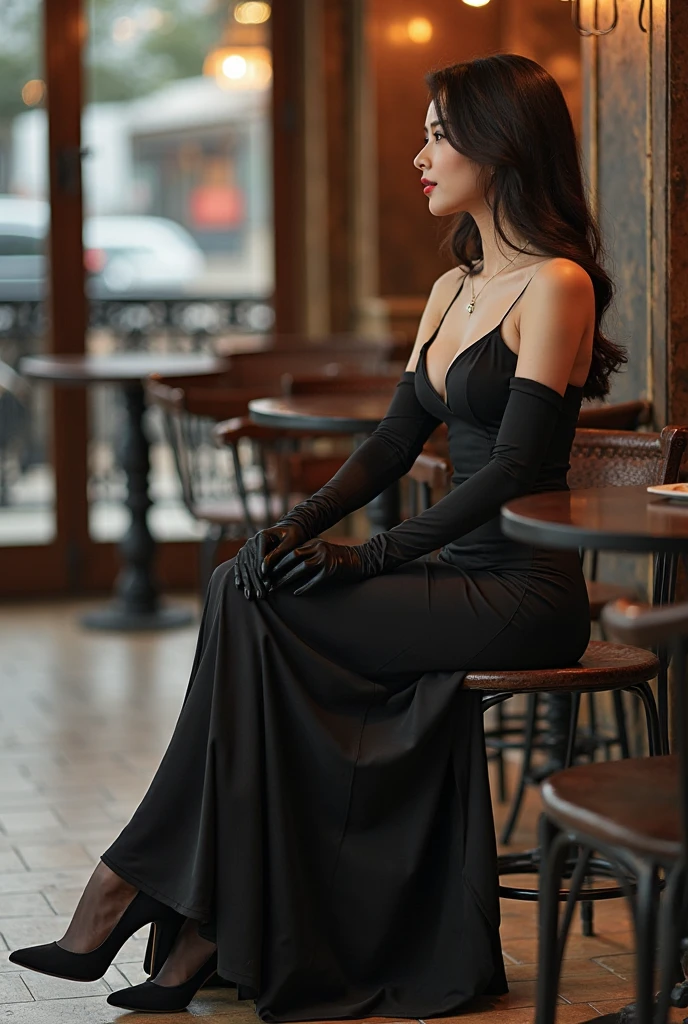 Masterpiece, a beautiful succubus, ((Grace Kelly:Michelle Pfeiffer:0.5)), (high detail plunging gown), (??????????????), (perfect firm body), (pale skin), (raven black hair), (long hairstyle), (small demon horns), ((crimson eyes)), warm smile, devil tail, outside, (skin texture:1.1), best quality, ultra high res, Raw photo, Nikon D850, backlight, rimlight, bright sunlight, film grain:1.2, (warm hue, warm tone:1.2), (color photo), fantasy landscape background