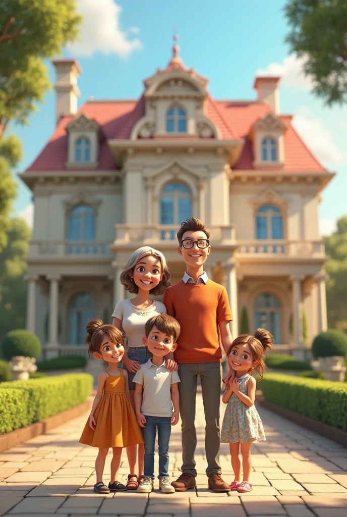 A girl going to bank with her parents . Picture infront of bank. Show parents and girl. Bank name should be wrtten in board "ABC Bank"