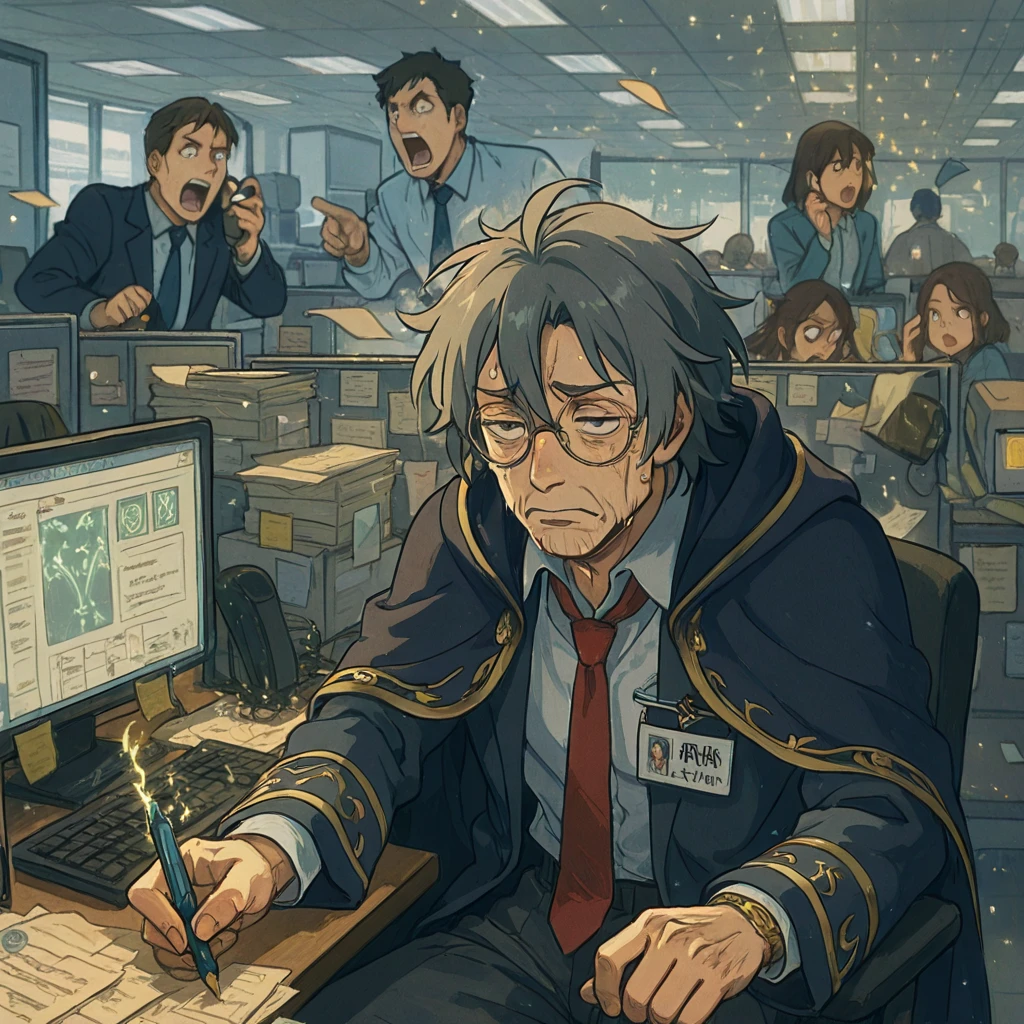 anime-style illustration of an exhausted mage working in a chaotic corporate office, fantasy slice-of-life theme, medium shot with cinematic angle, fluorescent-lit gray office cubicles forming a labyrinth, desks cluttered with documents, ringing phones, stressed employees, fluorescent panels glowing cold white above, ex-hero wizard now office intern, wrinkled dress shirt, crooked tie, ancient robe repurposed as blazer with golden embroidery, name badge labeled "EDLORDO (Intern)", tired eyes with arcane spark, round glasses, magical pencil in shirt pocket sparking softly, coworker shouting behind glass door, another leaning over asking for help, glowing computer screens showing spreadsheets mixed with magical runes, glitter rain falling unintentionally from ceiling, enchanted microwave glowing near kitchenette, steaming mug with mystic glyphs, old party photo as desktop wallpaper, pastel color palette with muted blues and grays, golden magical highlights, high detail, expressive face, dramatic lighting with soft shadows, anime studio aesthetic, inspired by Kyoto Animation and Makoto Shinkai, soft focus background with storytelling depth, emotional tone combining comedy and melancholy