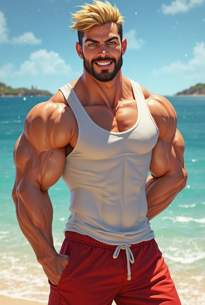 Jason Statham, beefy, bodybuilder, shirtless, very hot male, beach underwear, hairy chest, hairy abdomen, hairy groin, shy smile, hyper realistic style, erotic, 3 meters tall bodybuilder, oversized biceps are 240 inches, with long oversized arms, ultra hd, realistic, vivid colors, highly detailed, UHD drawing, pen and ink, perfect composition, beautiful detailed intricate insanely detailed octane render trending on artstation, 8k artistic photography, photorealistic concept art, soft natural volumetric cinematic perfect light.