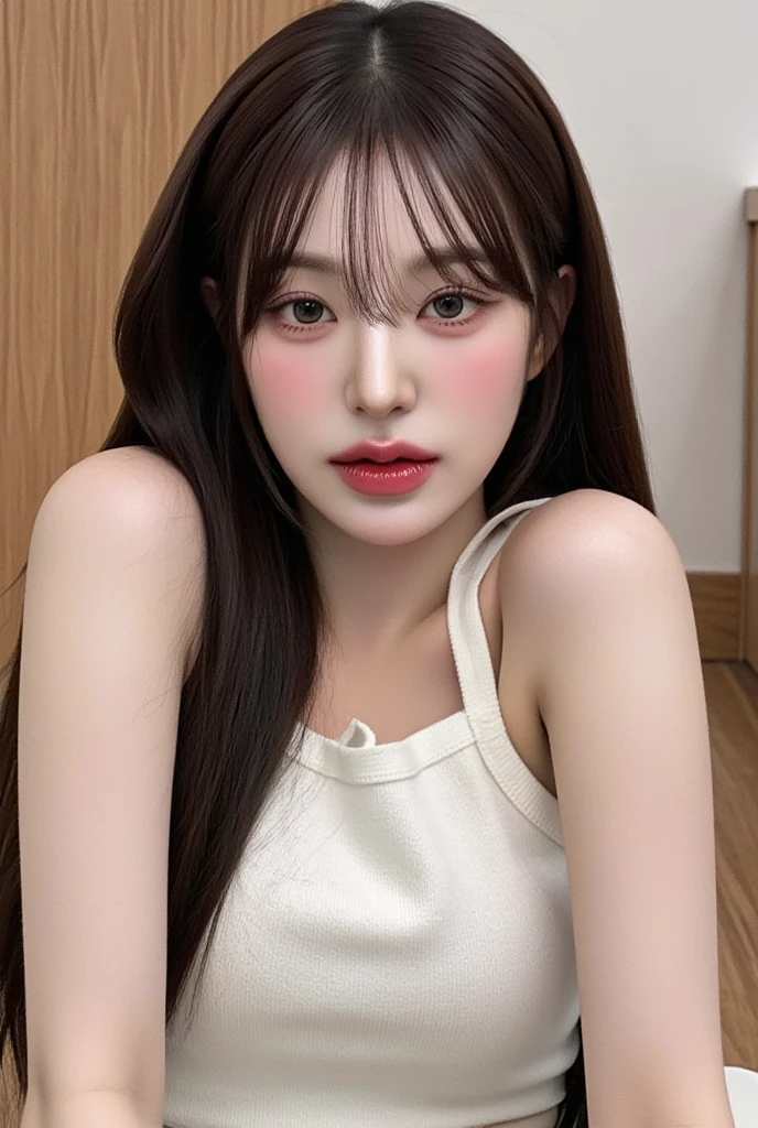 Close-up of a woman with long hair and a cigarette, Ela tem cabelo preto With bangs, Ulzzang, With bangs completa, Larisa Manovar, With bangs, Korean, cabelo arrumado With bangs, Young and pretty Asian face, cabelo comprido With bangs completa, cabelos longos With bangs, Young and adorable Korean face, Pale, round face, young asian girl, complete naked, complete closed mouth, 
