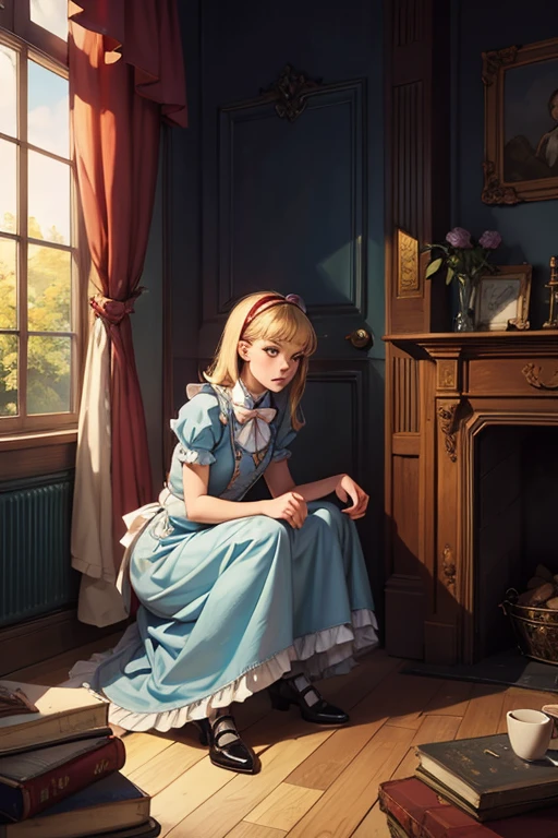 lifelike, high - resolution, 2 full body, skinny, skinny sexy teenage girl with a perfect body, Masterpiece,  girl, blonde hair, pigtails, blue eyes, sweaty, 17th century interior,  no panties, pokie flat chest, knees exposed, Alice in wonderland, pretty fee
