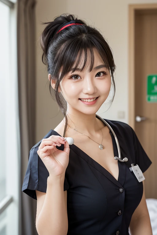 top quality, masterpiece, 16K, best aesthetic, (finely detailed, photorealistic:1.2), RAW photography, ((correct anatomy:1.3)), 1 girl, Japanese woman, solo, ((from front view, cowboy shot, looking at viewer:1.4)), (medical staff:1.5), (radiographer:1.1), black hair, (long hair, ponytail:1.4), (fairly detailed skin, fairly detailed eyes, dark eyes:1.5), ((narrow eyes:1.4)), detailed nose, detailed lips, (light smile:1.3), (28 years old:1.1), (looks younger than real age:1.3), ((petit, slender:1.5)), ((beautiful breast:1.3)), ((blue scrub, shot sleeves:1.5))