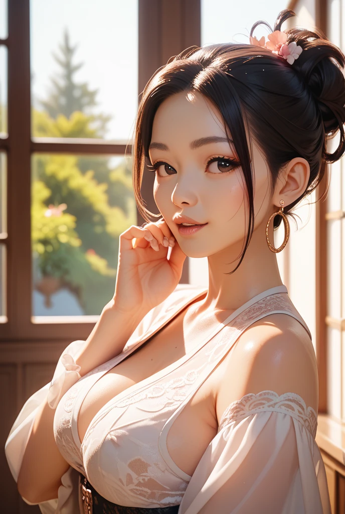 young asian mixed female, dynamic images, ultra-realistic, pretty, inviting facial expression, wearing a robe, showing no skin. --auto --s2