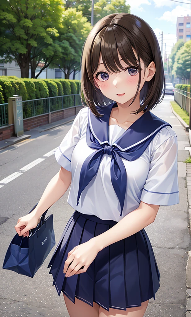 ((masterpiece,best quality,ultra detailed,ultra high res)),1girl,sideways,solo focus,walking,white school uniform,bag, dusk, sunlight,light smile,looking at viewer, crowd, chiaroscuro,