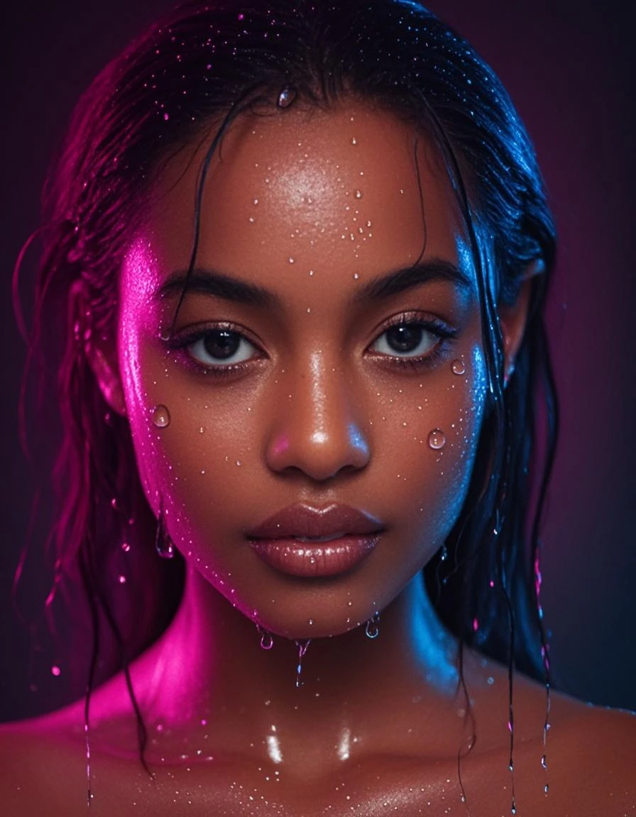 1girl, in laboratory, (18 years old), (Latina), dark skin, wide shot, long wavy hair, orgasm, (purple dress), (Masterpiece, Professional lighting, 16k, 8k wallpaper, raw photo, photorealistic:1.8, ultra detailed, natural lighting, detailed skin sexy pose, open mouth, big lips, view from above, night time, eyes closed, magic energy, neon light, soaked, sweating, with freckles, crying, screaming