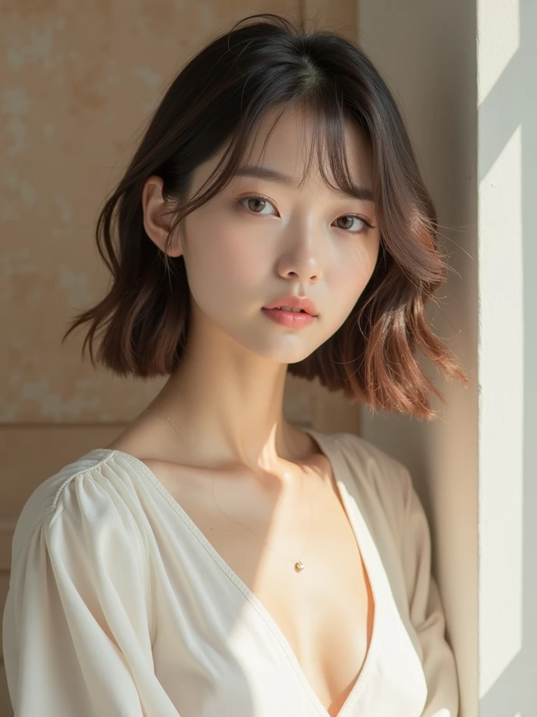of the highest quality, 8K, masterpiece: 1.3, Photorealistic, Clear focus: 1.2, Best Quality:1.4, Ultra high definition, A hyper-realistic, solo, portrait, ((a young woman leaning on the side of a wall)), realistic, blush, Realistic natural skin, Realistic face, Beautiful hairstyle, Detailed bob hair, Realistic eyes, Detailed eyes, Detailed skin, sexy