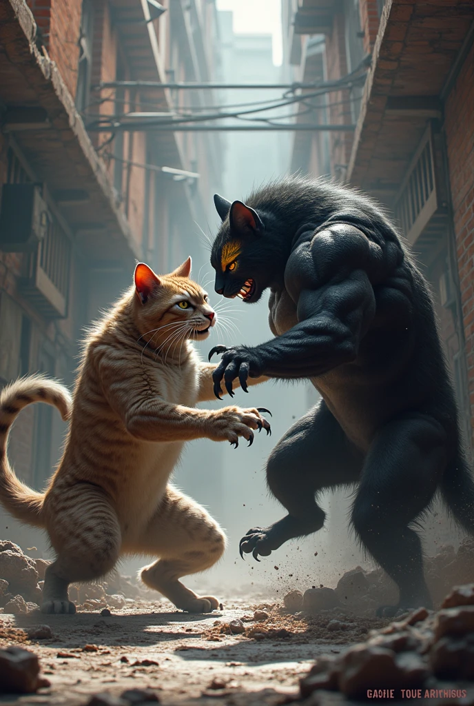 The muscular orange cat, defeat the black cat, with punch