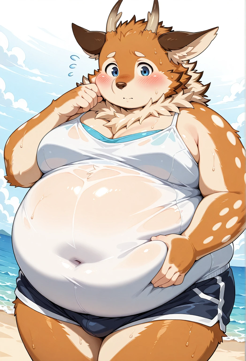 A man slightly chubby, shaped like a White dog with horny face heart-shaped eyes he Wear traditional Japanese underwear  and he is being raped, touching own self brown ears